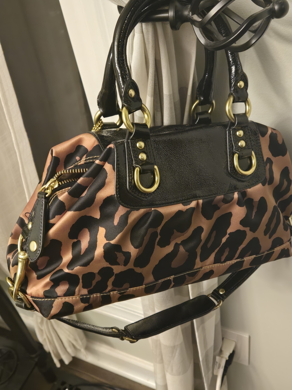 Coach Leopard-Print Satchel in Brown and Black with Gold Hardware - Picture 3 of 10